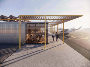 Rendering showing passenger terminal. The roof canopy features a prefabricated yellow metal frame encasing a passenger area with large windows looking out onto the tarmac.