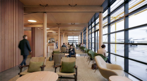 Rendering showing the interior of the passenger terminal. Wood features prominently in mass timber structural components and millwork. A series of seating areas provide passengers with comfortable places to wait.