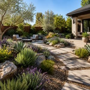 Drought-resistant backyard landscape in Sacramento, California with gravel patio seating area, native plants, agave, lavender, and a low fire pit