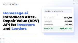 Promotional graphic for Homesage.ai announcing an After-Repair Value (ARV) API for investors and lenders, with a sample property address and projected value, renovation cost, and net return figures shown on the right.