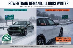 Split image comparison titled Powertrain Demand: Illinois Winter. Left side shows dark green hybrid SUV driving on snow-covered highway past I-90 West Rockford 2 miles sign with badge stating 500+ mile range, hybrid powertrain no charging needed. mytsv.co