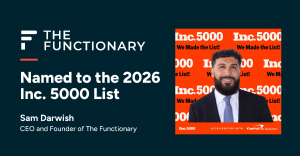 The Functionary CEO and Founder Sam Darwish pictured with the 2026 Inc. 5000 award artwork, recognizing The Functionary’s fourth consecutive year on the list.