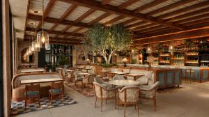 Architectural design rendering of the Significant Other Kitchen & Cocktails dining room. The expansive, upscale space features a mature, leafy olive tree centered among dining tables set with patterned armchairs and modern glass pendant lights. Heavy wood