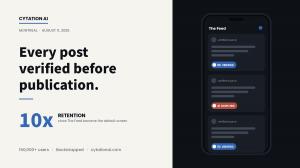 Smartphone showing Cytation AI’s The Feed, with three posts each labeled by a truth score pill — 96 verified, 41 disputed, 92 verified.