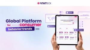 Promotional visual of TGM StatBox on a tablet, showing consumer insight charts and the platform's global consumer behavior positioning.