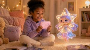 A little girl is sitting on the floor holding Dr.Look Ai learning camera. She is talking to one of the AI pals.