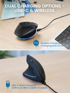 PERIMICE-713LRX left-handed vertical mouse shown charging wirelessly on the included charging pad and via a USB-C cable.