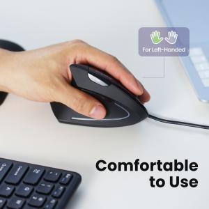 Left hand using the Perixx PERIMICE-513L ergonomic wired vertical mouse at a computer workstation.