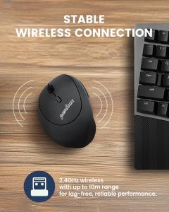 Perixx PERIMICE-719LR left-handed wireless vertical mouse on a desk, featuring 2.4 GHz wireless connectivity with up to 10-meter range.