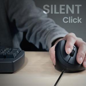 Left hand using the Perixx PERIMICE-519L wired vertical mouse with silent-click buttons at a desk.
