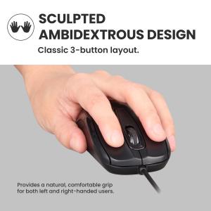 Hand using the Perixx PERIMICE-209C wired ambidextrous mouse with a sculpted three-button design suitable for left- and right-handed users.
