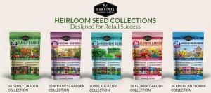 Survival Garden Seeds 'Garden in a Bag' retail display of collections for Family Garden, Wellness Garden, Microgreens, Flower Garden, and American Garden.