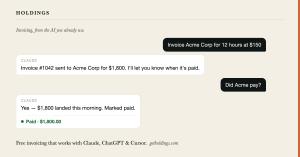 AI chat showing an assistant sending a Holdings invoice for $1,800 and confirming the payment was received