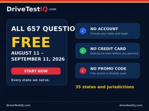 DriveTestIQ graphic announcing free access to all 657 driver’s license written test practice questions across 35 states and jurisdictions.