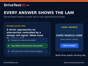 DriveTestIQ practice question graphic showing a correct answer alongside the supporting state vehicle code legal source.