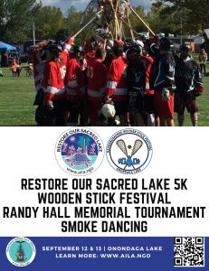 Haudenosaunee Wooden Stick Festival players holding their sticks aloft