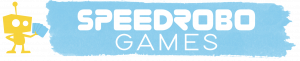 The logo for Speedrobo games. It features a light blue paint swipe effect with the text "Speedrobo Games" over top in white text. With a small yellow robot mascot on the left of the paint swatch. He is holding blue cards fanned in his hand. His name is Bo