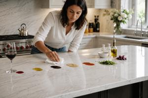 Woman cleaning a marble kitchen countertop with spills while showcasing stainproof and anti-etch marble protection by MarbleBLU™ and StainLock™.