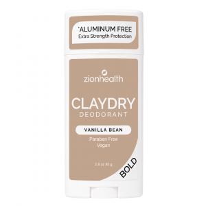 White Zion Health CLAYDRY deodorant stick with a beige label and white cap, featuring the Vanilla Bean scent and Bold formula. Aluminum-free deodorant designed for extra strength protection.