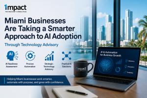 1mpact Technology Consulting graphic about AI adoption, technology advisory, automation, and business growth for Miami businesses.
