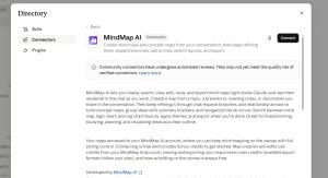 Ficha del conector MindMap AI en el directorio de Claude con el botón Conectar y la descripción del conector.