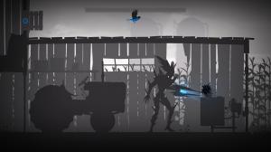 A small blue bird flies above a towering enemy firing an energy weapon in Grayland Remastered.