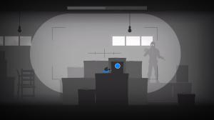 A small blue bird hides among crates while an armed soldier searches the area with a spotlight.