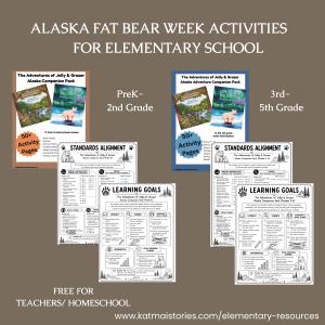 Free Alaska Fat Bear Week educational resource packs for elementary teachers and homeschool families featuring Katmai National Park, brown bear biology, salmon ecosystems, wildlife observation, conservation activities, and more than 50 learning activities