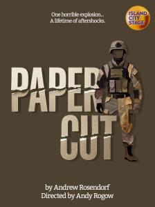 Image of a soldier made from paper pieces with text on a brown background.