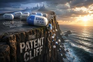 Conceptual illustration of the pharmaceutical patent cliff, showing blockbuster drug revenues approaching loss of exclusivity and the growing race for emerging science and next-generation therapeutics.