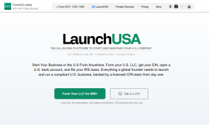 LaunchUSA website interface showing main CTA buttons "Form Your LLC for $99+" and "Talk to a CPA" alongside core U.S. business services.