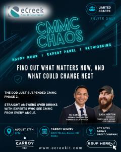 CMMC Chaos Denver event hosted by eCreek IT featuring defense and compliance experts discussing CMMC changes, cybersecurity compliance and government contracting.