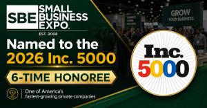 Promotional graphic showing Small Business Expo named to the 2026 Inc. 5000 as a 6-time honoree, featuring the Small Business Expo logo and Inc. 5000 logo.