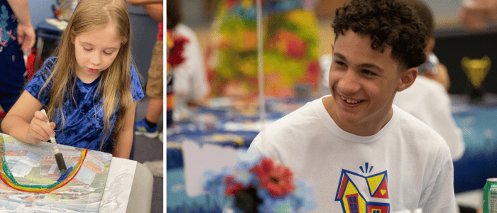 Left: A young girl paints a rainbow on paper. Right: A smiling teenage boy in a white shirt with a colorful house design.