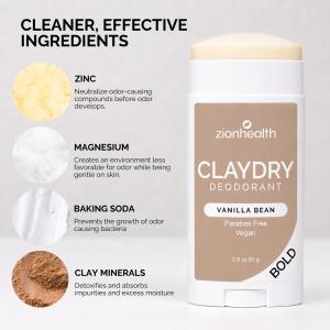 Zion Health CLAYDRY® BOLD Vanilla Bean deodorant in a tan and white stick held against white tile, highlighting aluminum-free, phthalate-free, paraben-free, sulfate-free, and vegan daily odor protection.