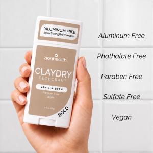 Zion Health CLAYDRY® BOLD Vanilla Bean deodorant with exposed cream-colored stick beside zinc, magnesium, baking soda, and clay minerals that help neutralize odor, support odor control, and absorb excess moisture.