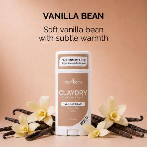 Zion Health CLAYDRY® BOLD Vanilla Bean deodorant in a white and warm tan stick surrounded by vanilla beans and vanilla flowers, providing aluminum-free odor protection with a soft, warm vanilla bean scent.