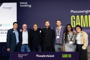 Travel technology startup finalists on stage at the 2026 Global Startup Pitch at Phocuswright Europe in Barcelona.