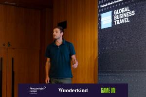 Global Startup Pitch display at Phocuswright Europe 2026 in Barcelona, where Vibe Adventures won the Emerging Markets Scaleup category.