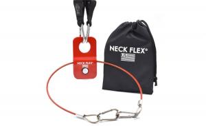 Neck Flex Revolver rotation attachment: red steel bearing-mounted pulley with coated steel cable, carabiner, and black carrying pouch