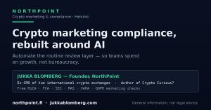 Dark branded graphic reading "Crypto marketing compliance, rebuilt around AI" with NorthPoint branding and a card introducing founder Jukka Blomberg, ex-CMO of two international crypto exchanges and author of Crypto Curious?
