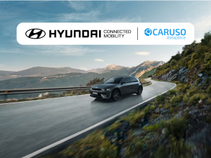 Grey Hyundai IONIQ 5 driving on a mountain road, with the Hyundai Connected Mobility and CARUSO Dataplace logos above.