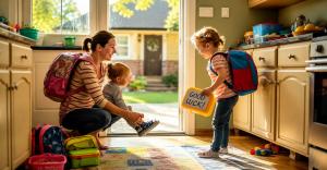 A parent getting two children ready for the school run at home, from the Mediate UK back to school report