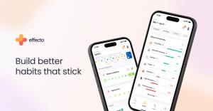 Effecto app screens showing habit tracker, mood insights, and productivity effects dashboard