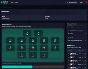 Screenshot of the Fantasy Tribuna.com team-building interface showing a soccer pitch layout with goalkeeper, defender, midfielder and forward slots, a $100M budget tracker, and a player selection panel listing prices and stats.
