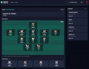 Screenshot of a Tribuna.com Fantasy La Liga team page showing a starting XI in 5-3-2 formation with Mbappé and Yamal up front, four substitutes, a league standings panel, and an August 15 deadline for the first gameweek.