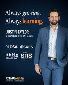 Justin Taylor real estate agent with REMAX Hendriks Team Realty wearing a blue suit, text reading Always growing Always learning.