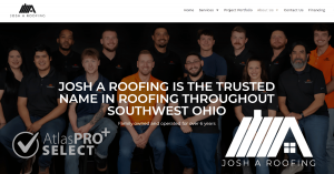 Website Snapshot of Josh A Roofing web page with navigation menu at top and hero image of the team wearing branded shirts on a black background with the Josh A Roofing stylized logo in white.