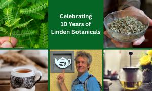 Linden Botanicals founder Michael Van der Linden pictured with Linden Botanicals herbal teas in a 10th anniversary image reading, “Celebrating 10 Years of Linden Botanicals.”