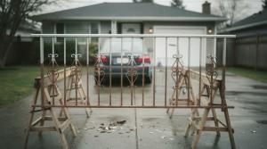 Rusted metal railing on sawhorses in a wet Vancouver driveway before sandblasting.